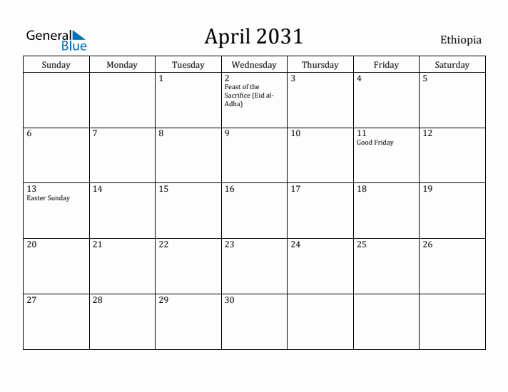 April 2031 Calendar Ethiopia