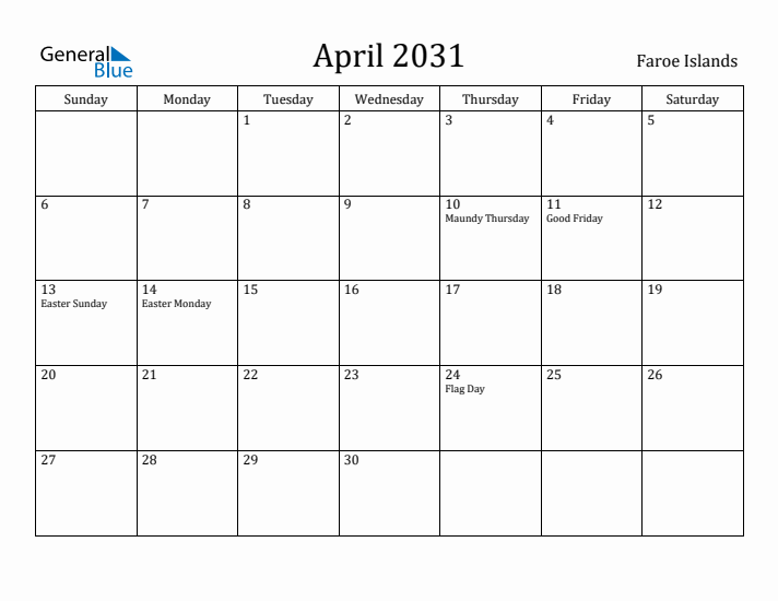 April 2031 Calendar Faroe Islands