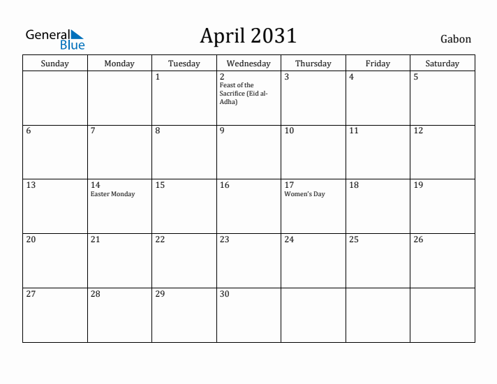 April 2031 Calendar Gabon