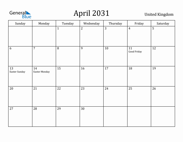 April 2031 Calendar United Kingdom