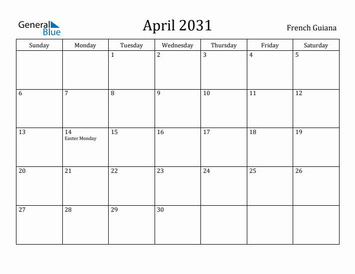 April 2031 Calendar French Guiana