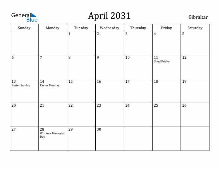 April 2031 Calendar Gibraltar