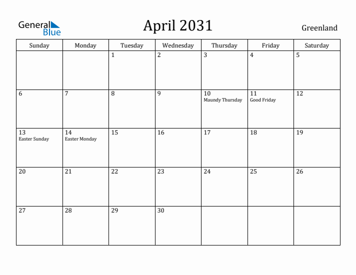 April 2031 Calendar Greenland