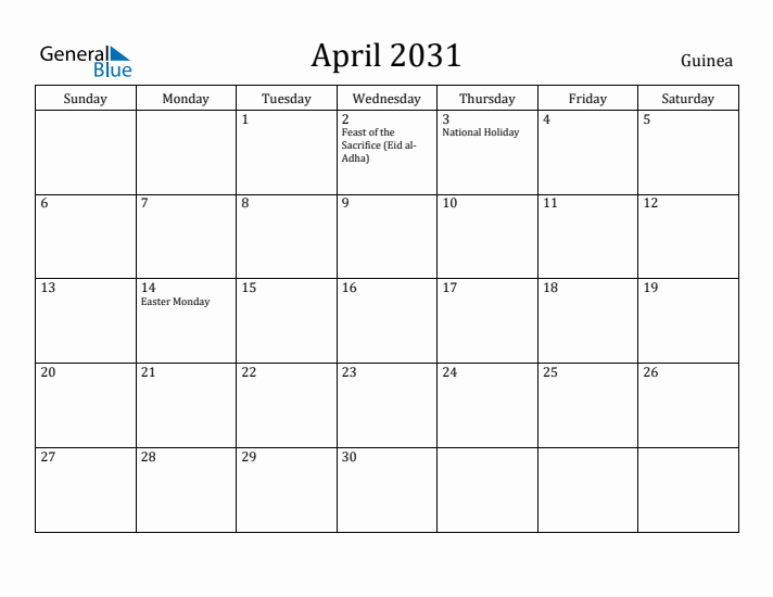 April 2031 Calendar Guinea