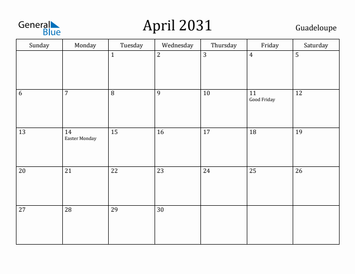 April 2031 Calendar Guadeloupe