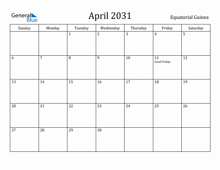 April 2031 Calendar Equatorial Guinea