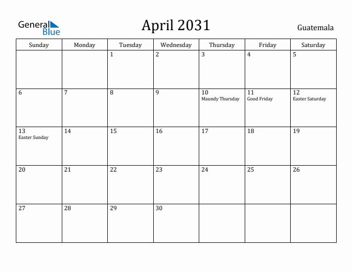 April 2031 Calendar Guatemala