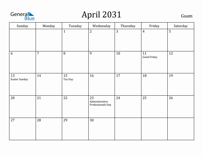 April 2031 Calendar Guam