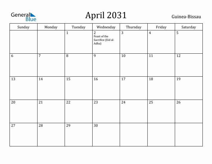 April 2031 Calendar Guinea-Bissau