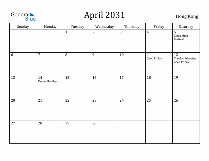 April 2031 Calendar Hong Kong