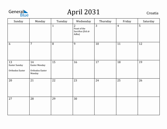 April 2031 Calendar Croatia
