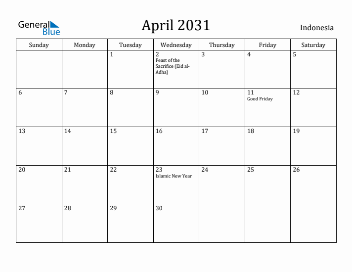 April 2031 Calendar Indonesia