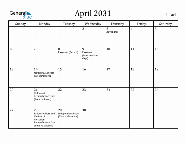 April 2031 Calendar Israel