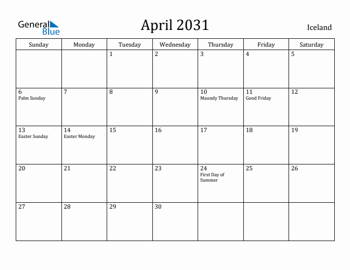 April 2031 Calendar Iceland
