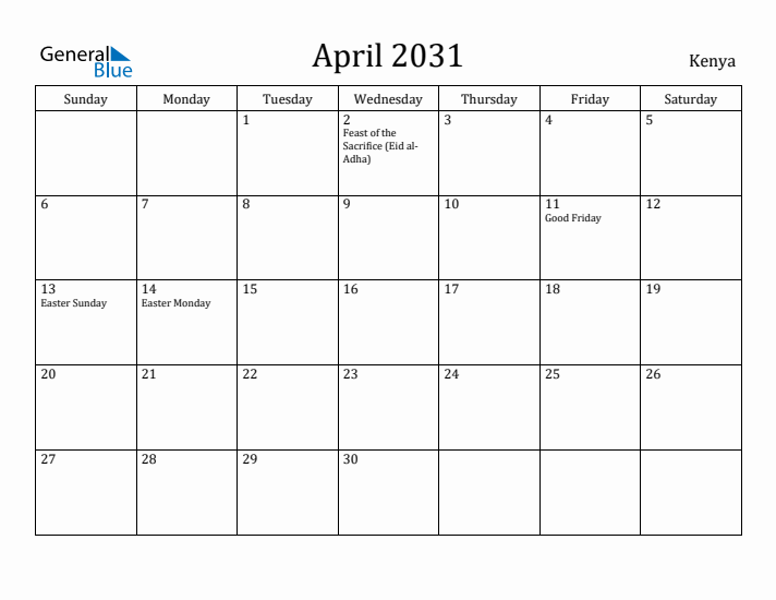 April 2031 Calendar Kenya