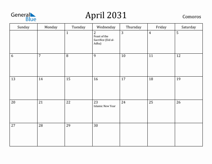 April 2031 Calendar Comoros
