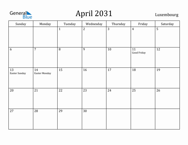 April 2031 Calendar Luxembourg