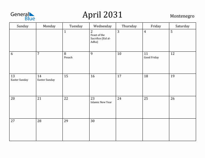 April 2031 Calendar Montenegro