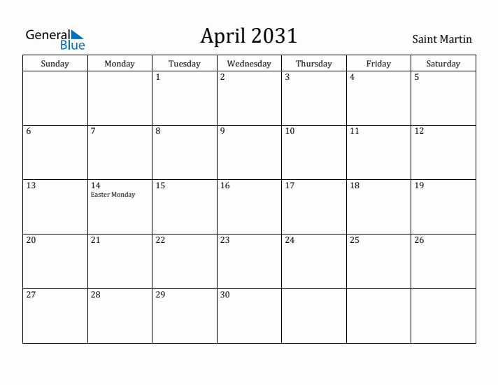 April 2031 Calendar Saint Martin