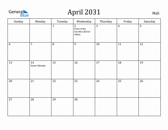 April 2031 Calendar Mali