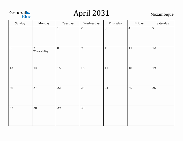 April 2031 Calendar Mozambique