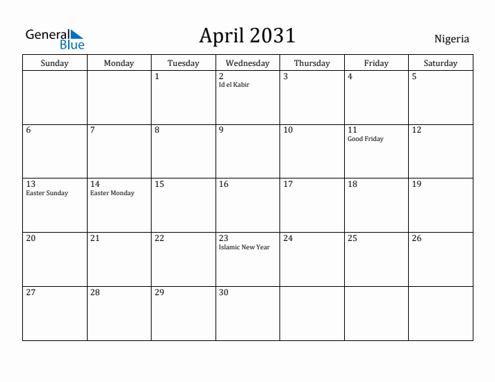 April 2031 Calendar Nigeria