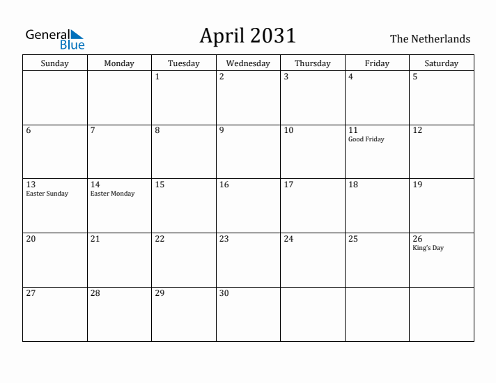 April 2031 Calendar The Netherlands