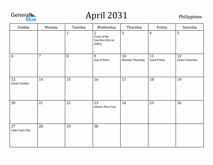 April 2031 Calendar Philippines