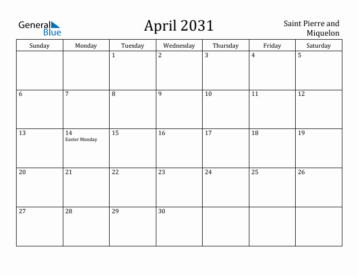 April 2031 Calendar Saint Pierre and Miquelon