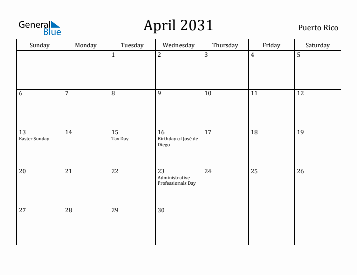 April 2031 Calendar Puerto Rico