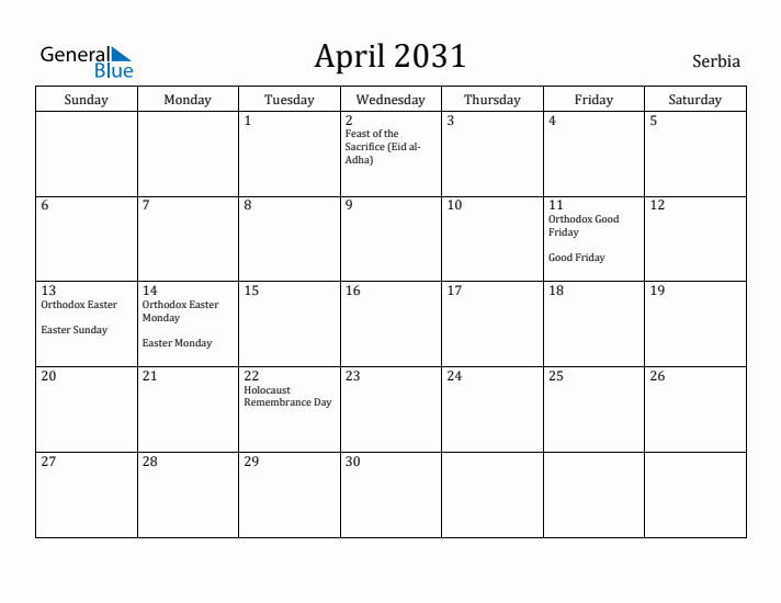 April 2031 Calendar Serbia