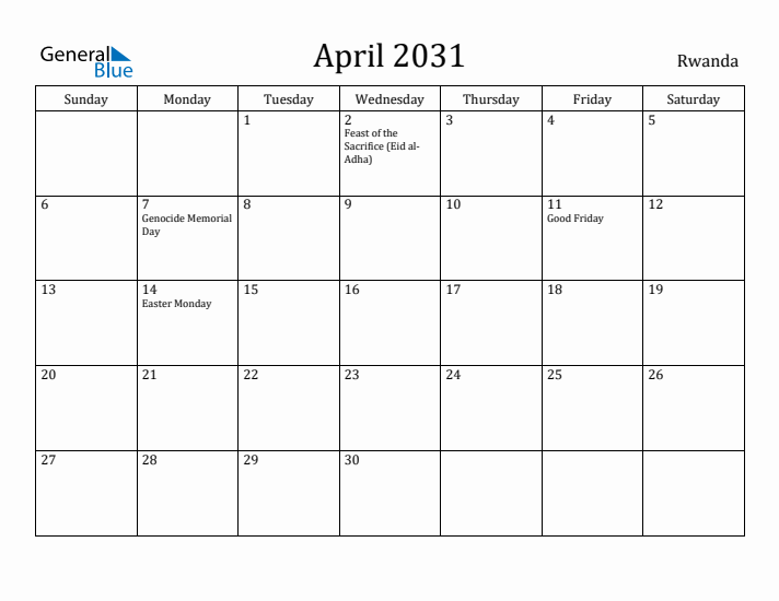 April 2031 Calendar Rwanda
