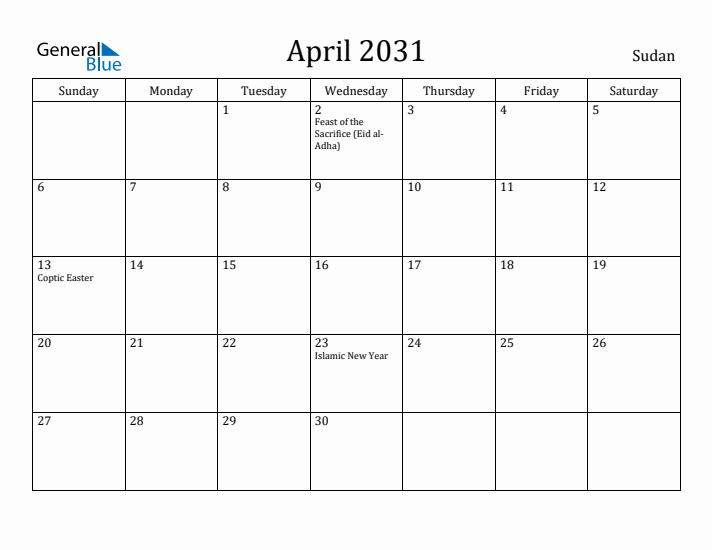 April 2031 Calendar Sudan