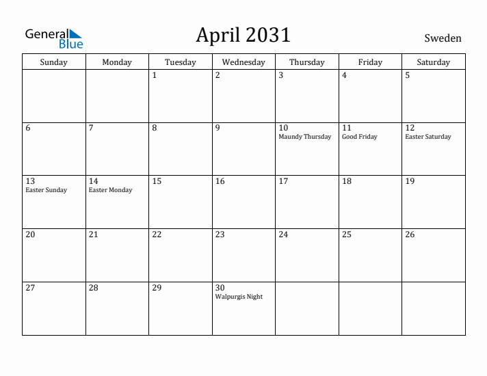 April 2031 Calendar Sweden