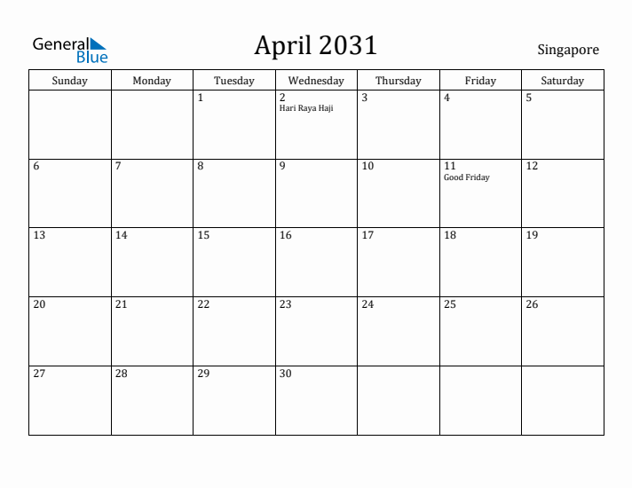 April 2031 Calendar Singapore