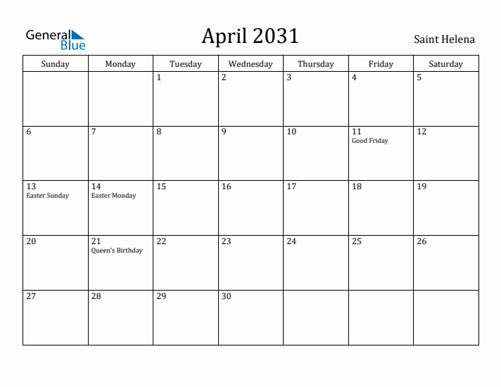 April 2031 Calendar Saint Helena