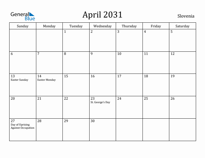 April 2031 Calendar Slovenia