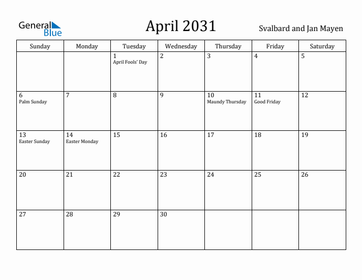 April 2031 Calendar Svalbard and Jan Mayen