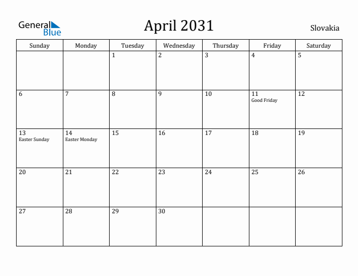 April 2031 Calendar Slovakia