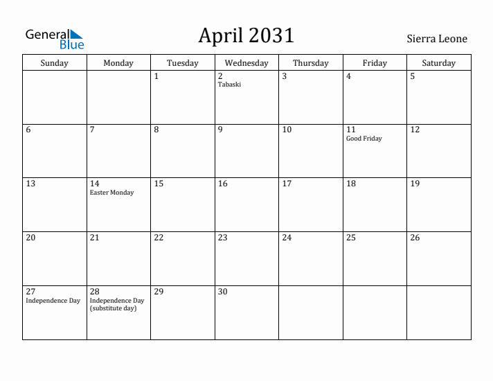 April 2031 Calendar Sierra Leone
