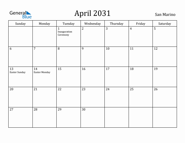 April 2031 Calendar San Marino