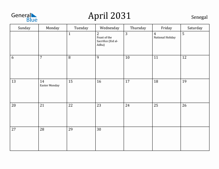 April 2031 Calendar Senegal