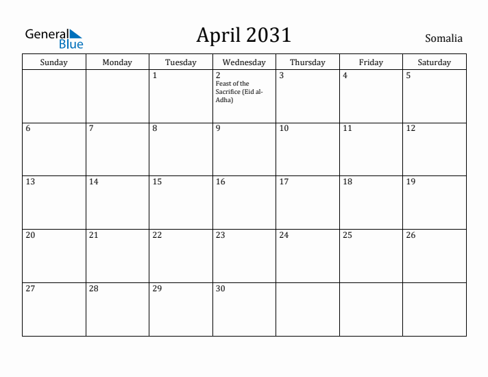 April 2031 Calendar Somalia