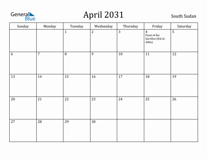 April 2031 Calendar South Sudan