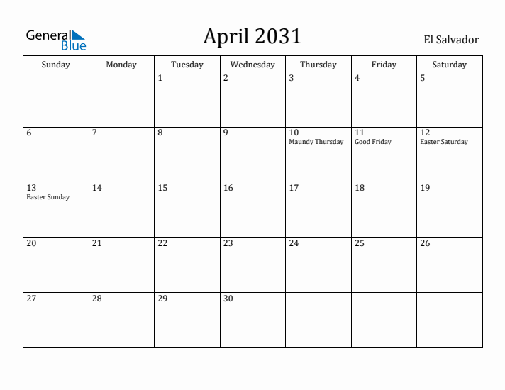 April 2031 Calendar El Salvador