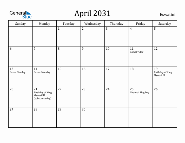 April 2031 Calendar Eswatini
