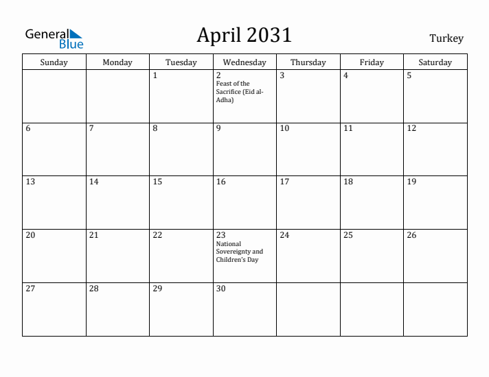 April 2031 Calendar Turkey