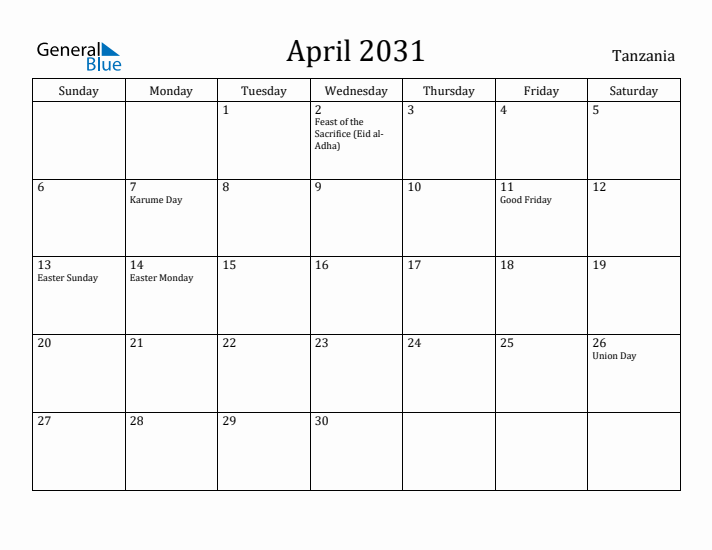 April 2031 Calendar Tanzania