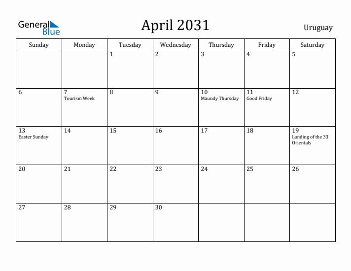 April 2031 Calendar Uruguay