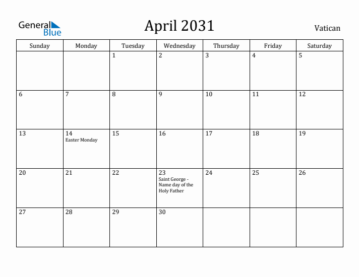 April 2031 Calendar Vatican